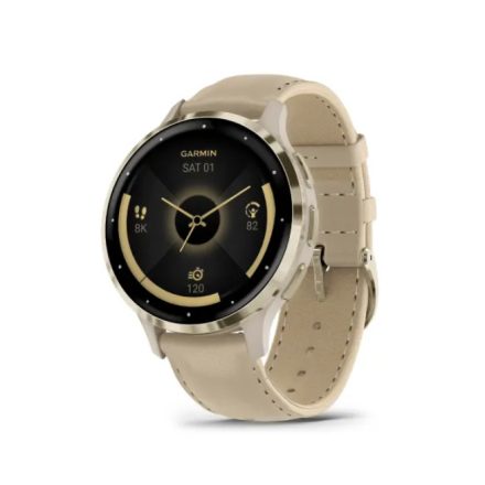 Garmin Venu 3s Soft Gold Stainless Steel Bezel with French Gray Case, Leather and Silicone Band